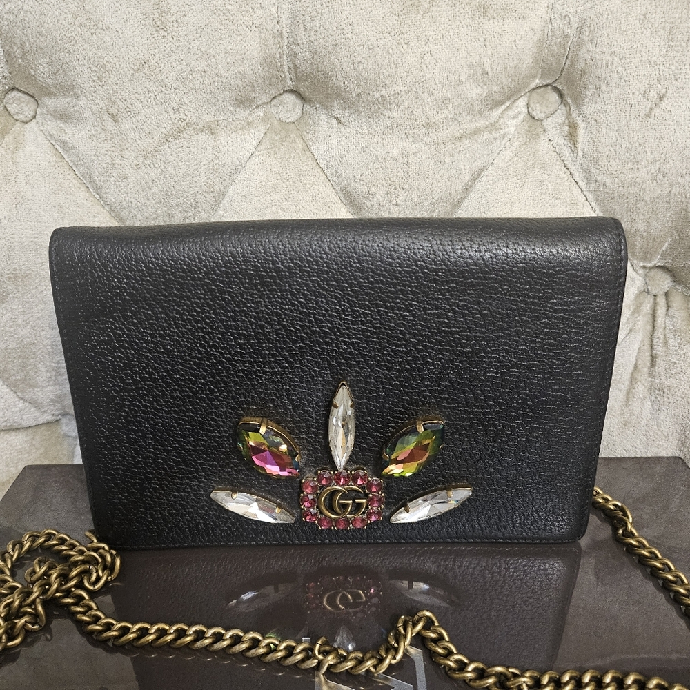 Authentic Gucci Marmont Black Leather Bag With Crystals On Brass Chain
